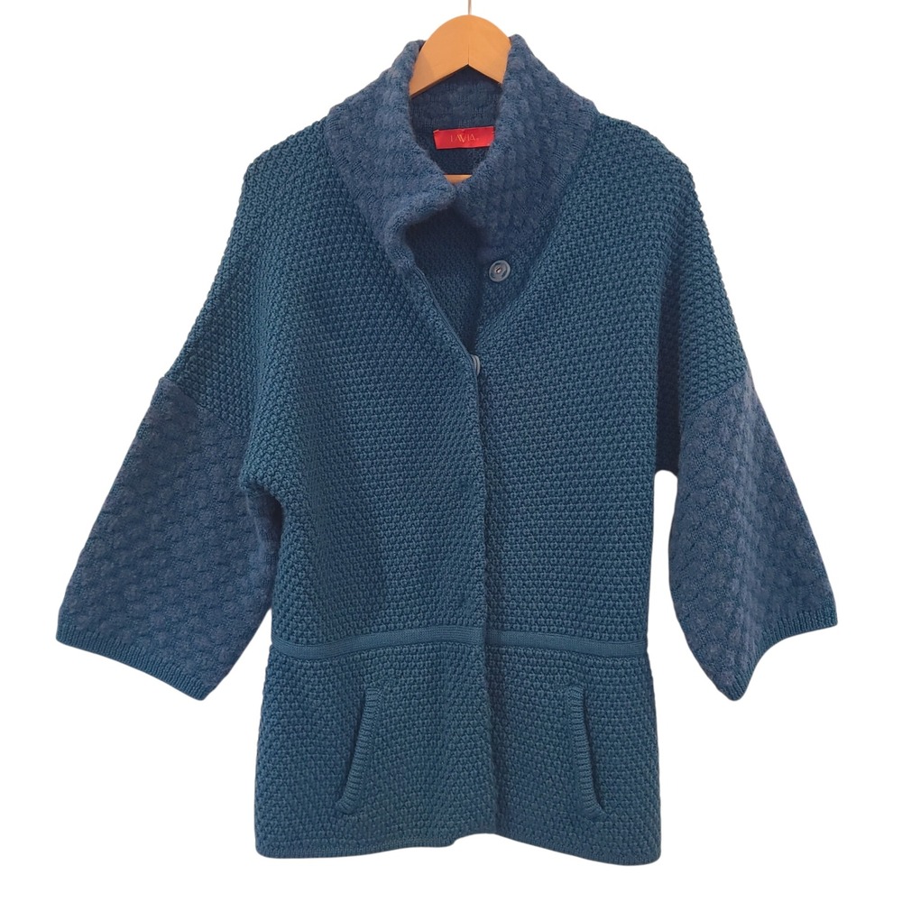 LAVIA 18 Piazza Sempione Teal Blue Wool Blend Textured Knit Cardigan Italy Large